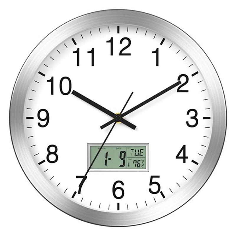 12Inch Wall Clock With Digital Date, Week, Indoor Temp - Battery Operated Wall Clock,Silver Brushed Finish, Easy To Read