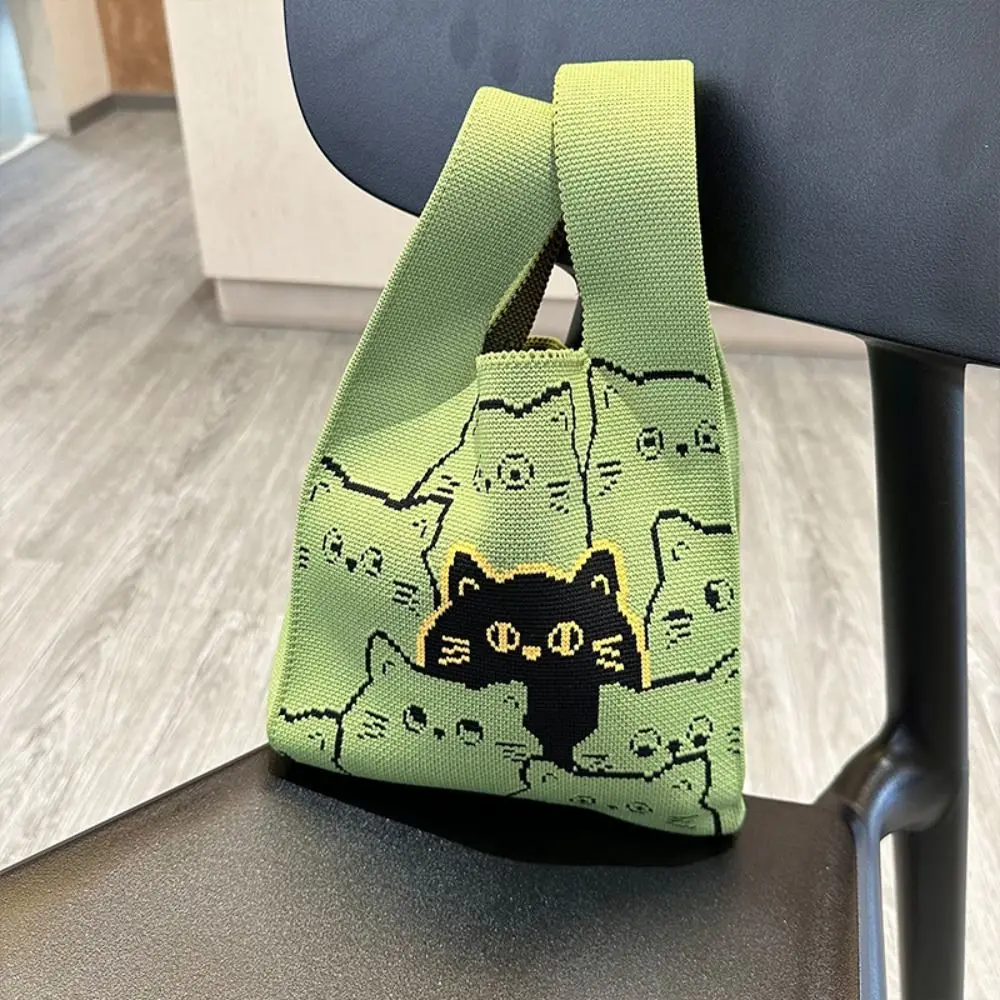 Bolsa de malha de gato artesanal para meninas, sacolas casuais, bolsa de pulso de alta capacidade