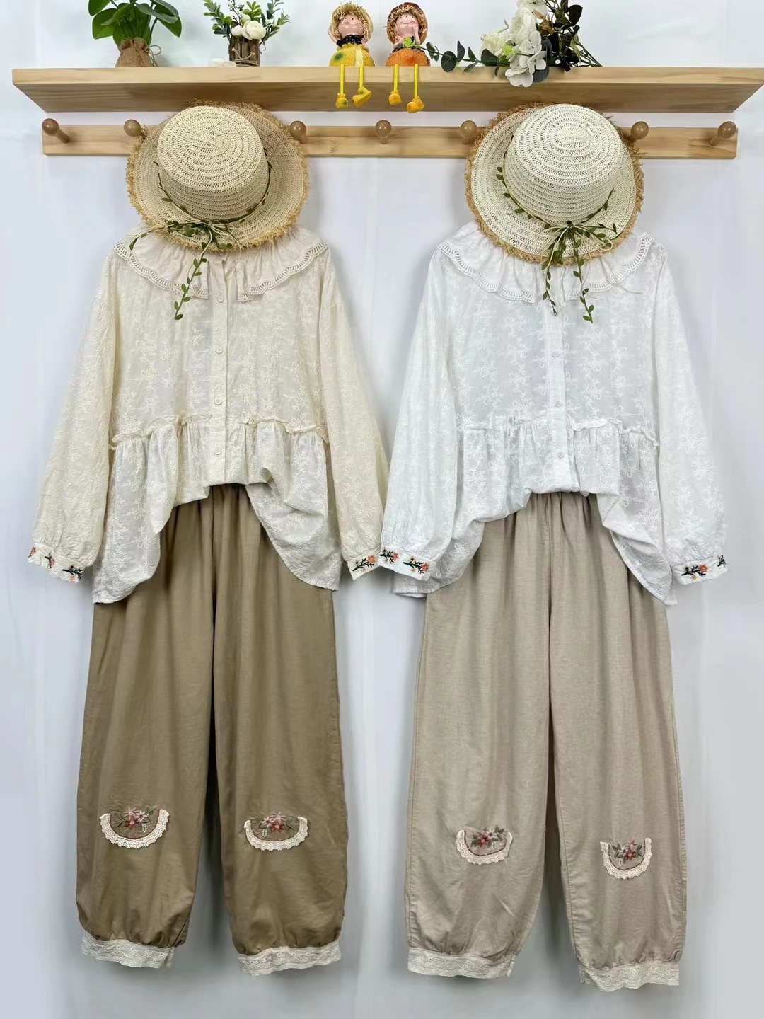 Zomer Nieuwe Katoen Linnen Elastische Taille Kant Zoom Bloemknop Casual Broek Vrouwen Geborduurde Loose Fit Harajuku Sle Negen stuk