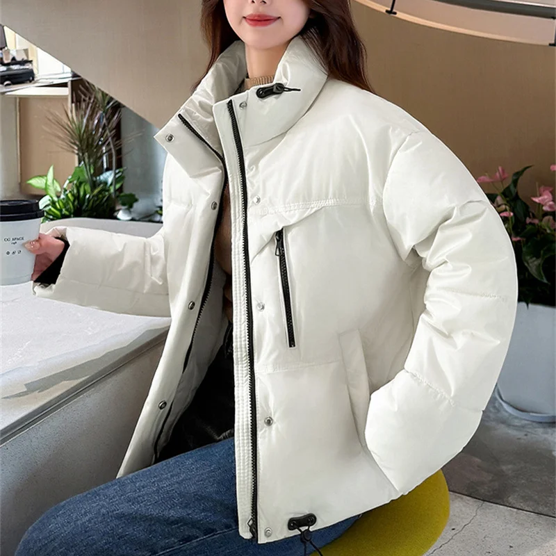 2025 streetwear jaqueta feminina curto algodão-acolchoado roupas de inverno parkas gola alta casacos soltos senhora casual outerwear