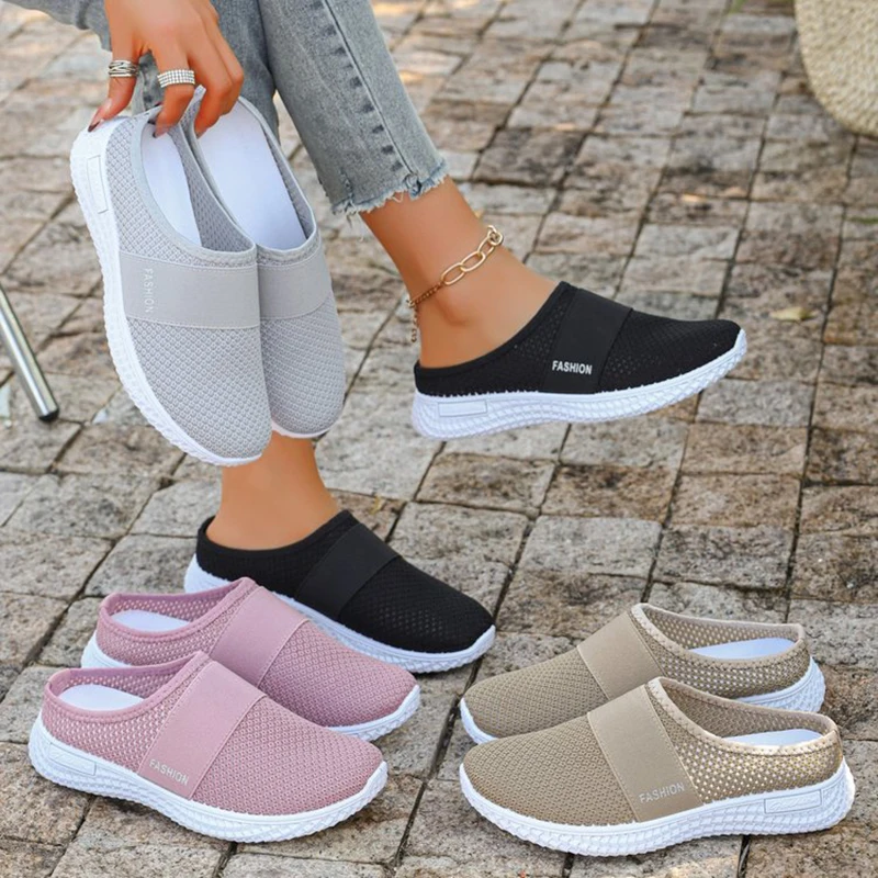Frühling/Sommer Atmungsaktive Mesh-Flachschuhe für Damen, Bequeme Weiche Sohle, Gestrickte Freizeitpantoffeln, Übergröße 43, Rutschfeste Sportschuhe