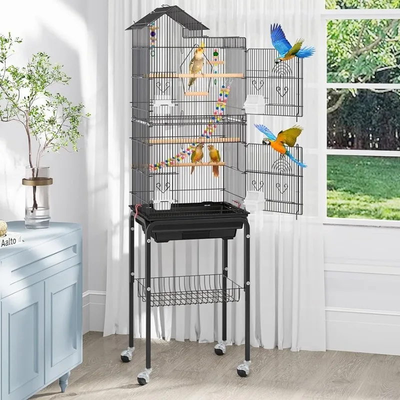 

62 inch Metal Bird Cage, Large Parakeet Cages for Parrot, Cockatiel, Lovebird, Pigeon with Roof Top, Rolling Stand and Hanging