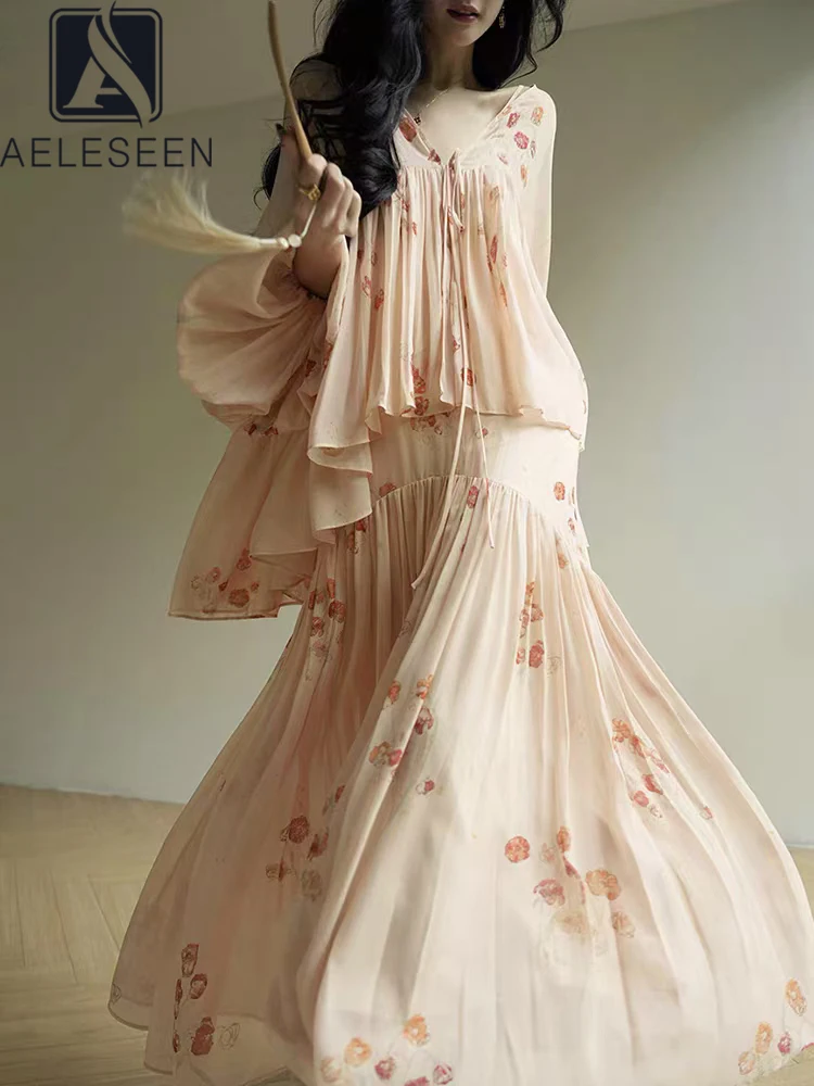 AELESEEN Runway Fashion 2 Pieces Set Women Spring Summer Loose Ruffles Top + Spaghetti Strap Flower Printed Dress Elegant Set