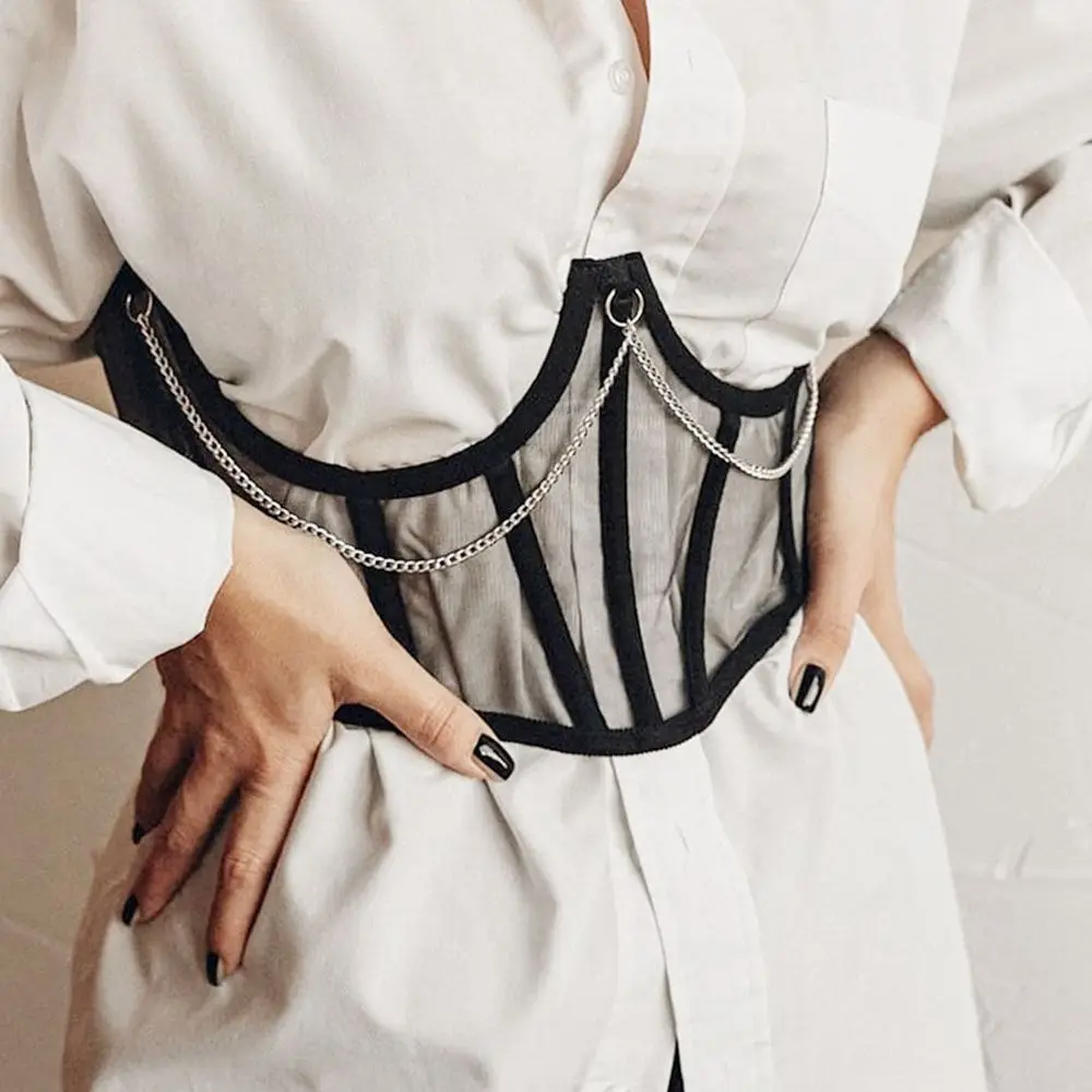 Korset Pinggang Poliester Baru dengan Tali Renda Transparan, Sabuk Lebar, Model Fashion, Dapat Disesuaikan untuk Wanita