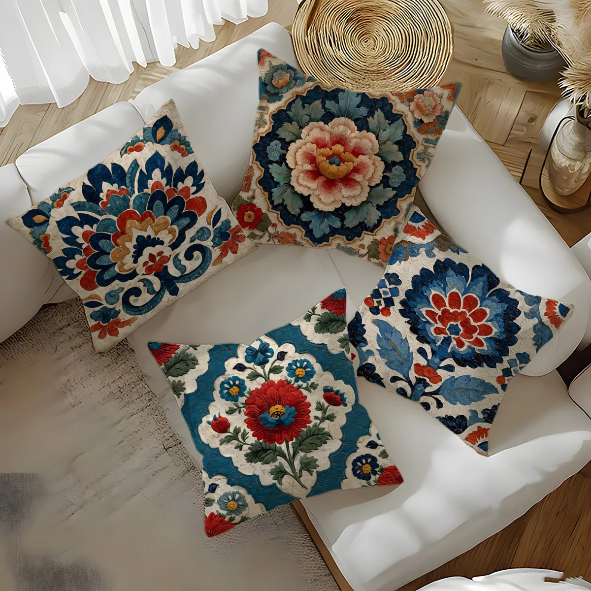 Vintage Chinese Floral Throw Pillow Covers, Retro Peony & Floral Pattern Print Cushion Cases, Traditional Oriental Home Decor