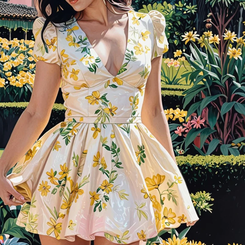 Bowknot Stampa floreale Bubble Francese Sexy Taglio basso Pieghettato elegante stile dopamina Abito estivo a maniche corte con scollo a V slim fit da donna