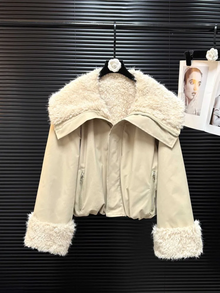 Winter Dikker Warme Vrouwen Dubbelzijdig Wearable Sailor Kraag Jas Rits Wollen Voering Bovenkleding Loose Fit Vrouwelijke Mode Jas