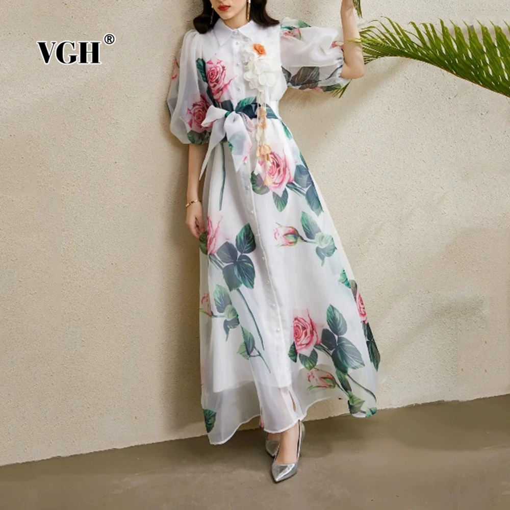 

VGH Elegant Printing Spliced Appliques Slimming Dresses For Women Lapel Puff Sleeve High Waist Designer Dress Female Fashion New