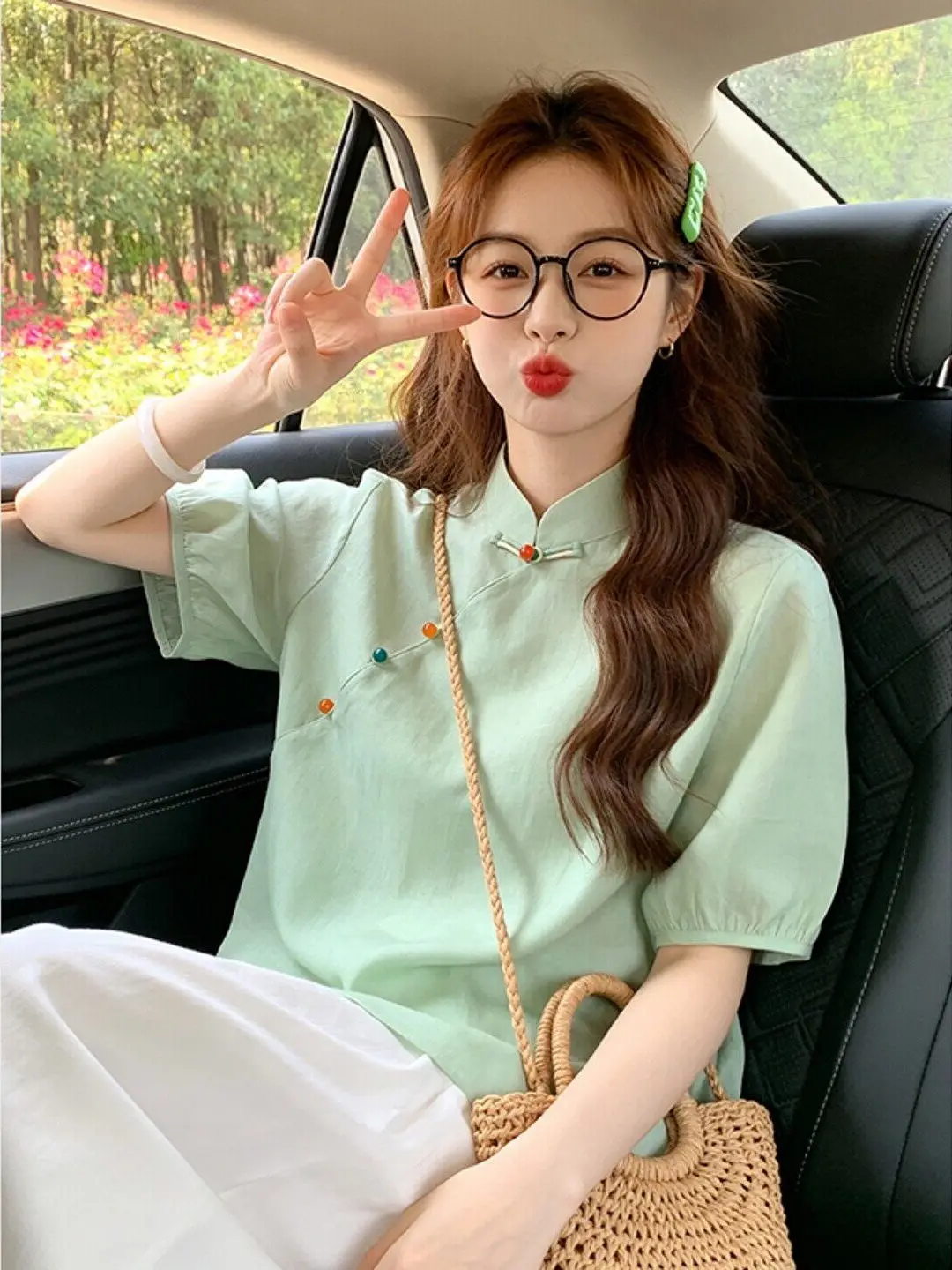 Mint Green Short Sleeve Women's Shirt Chinese National Style Reformed Button up Top Versatile Daily Wear Summer 2026