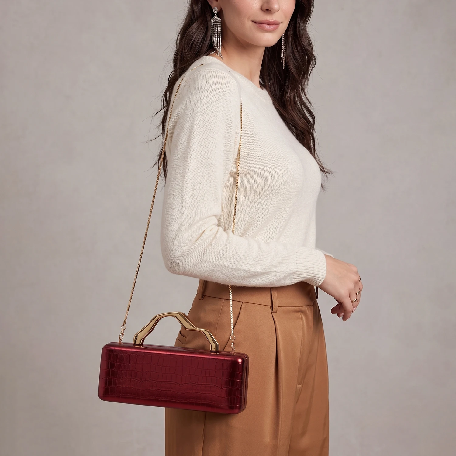 Luxuriöse Abendclutch mit Krokodilprägung in Gold, Damenmode, Party-/Hochzeitstasche, Umhängetasche mit Kette, lange Damenbrieftasche. – Detail 21