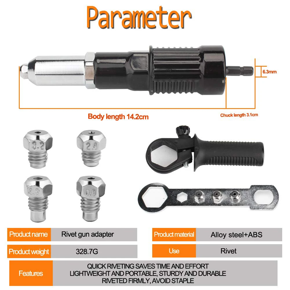 Adattatore per pistola per rivetti elettrici con punta per rivetto da 2.4/3.2/4.0/4.8mm di diametro e chiave per impugnatura