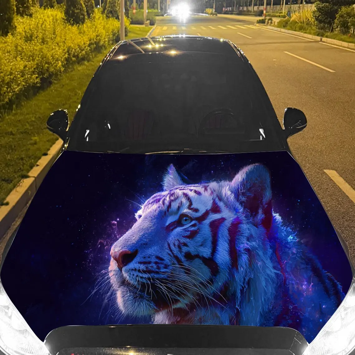 

Car Decal White Tiger with Cosmic Blue-Purple Artistic Background & Ferocious-Mystic Aesthetic Car Hood Sticker, Waterproof Self