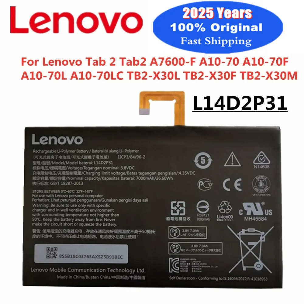 7000mAh 26.6Wh 100% Original Tab 2 Battery L14D2P31 For Lenovo Tab 2 Tab2 A7600-F A10-70F A10-70 A10-70L A10-70 A7600 Battery