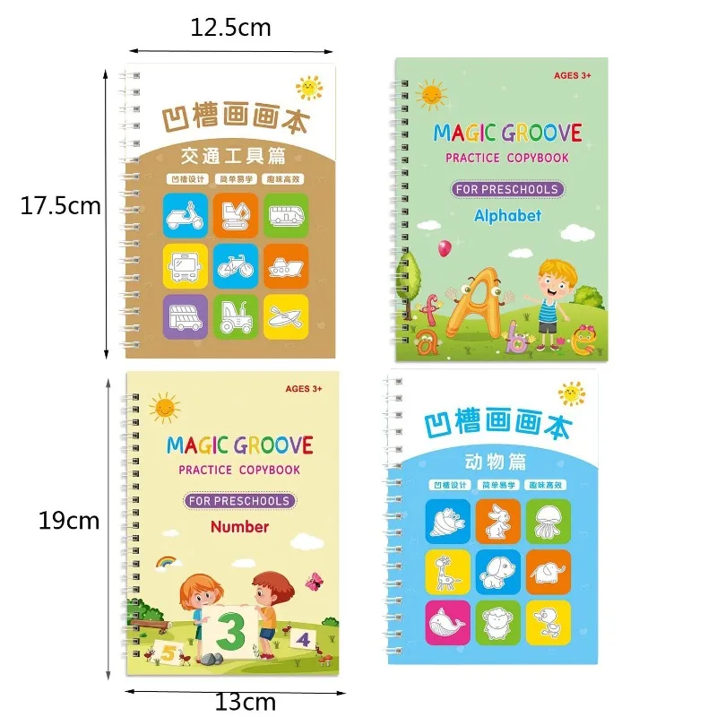 4 Groove Books with Fade Pen Number Letter Drawing Book Simple Strokes Calligraphy Practice Graffiti Basic Painting Template