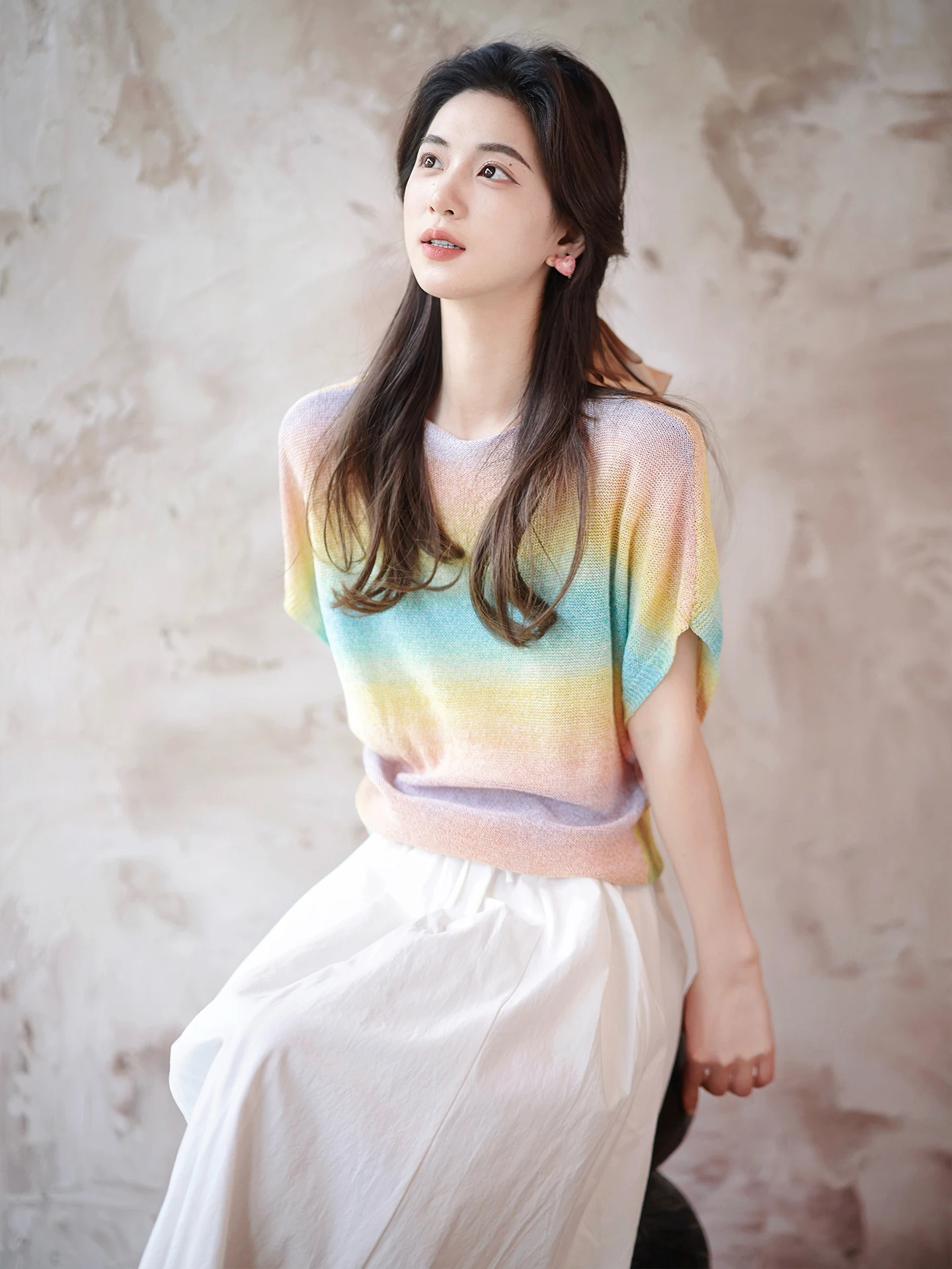 Rainbow Sugar Segmented Dyeing Batwing Sleeve T-Shirt ZhaodaXi round Neck Knitted Top Women's Casual Loose Fit Summer Tee