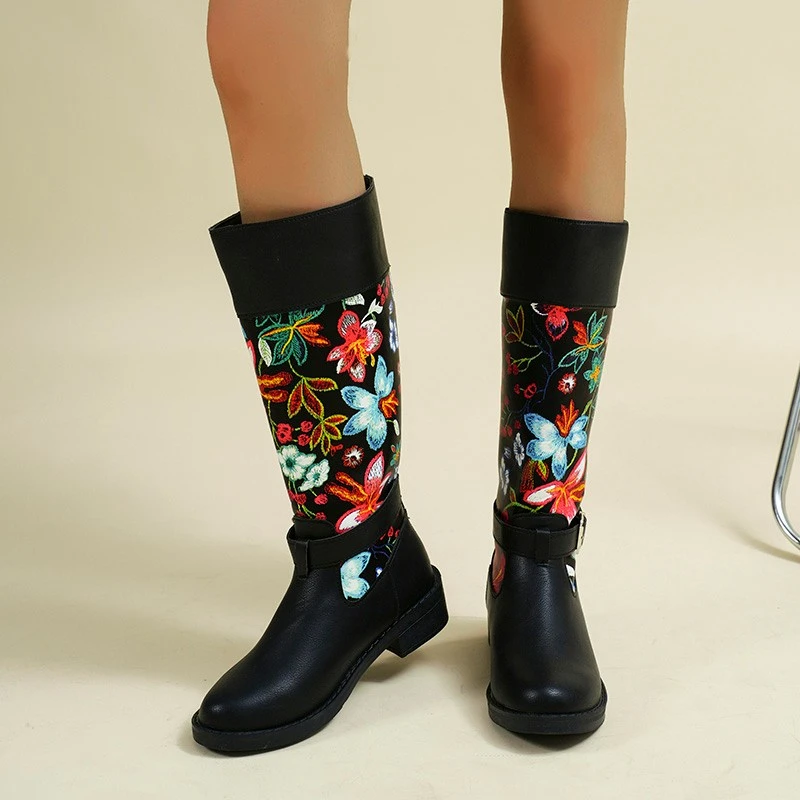 Leather Embroidered Long Boots Women Autumn Winter European American Fashion Waterproof High Barrel Boots Travel Leisure Shoes