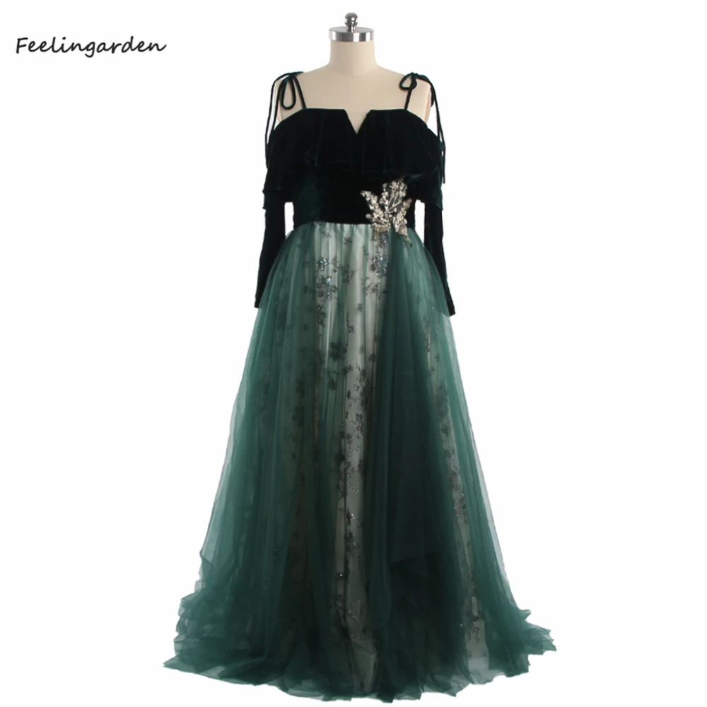 

Feelingarden Evening Dresses Green Velour Tulle Full Sleeves Ruffles Appliques A-Line Pleat Floor Length Plus Party Dress R1261