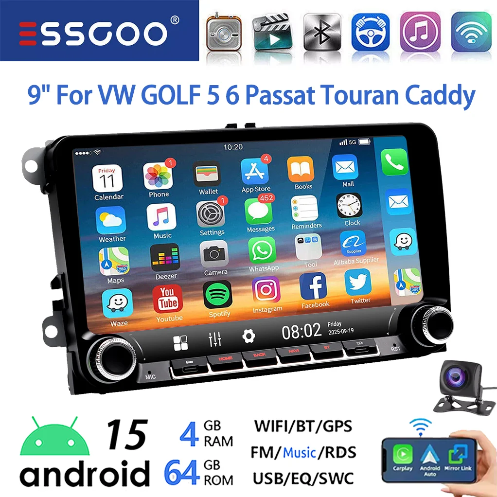 ESSGOO Android 15 9 inch 64GB voor VW GOLF 5 6 Plus Touran Caddy Draadloze Carplay Autostereo Radio GPS NAVI WIFI SWC RDS BT USB Type-C