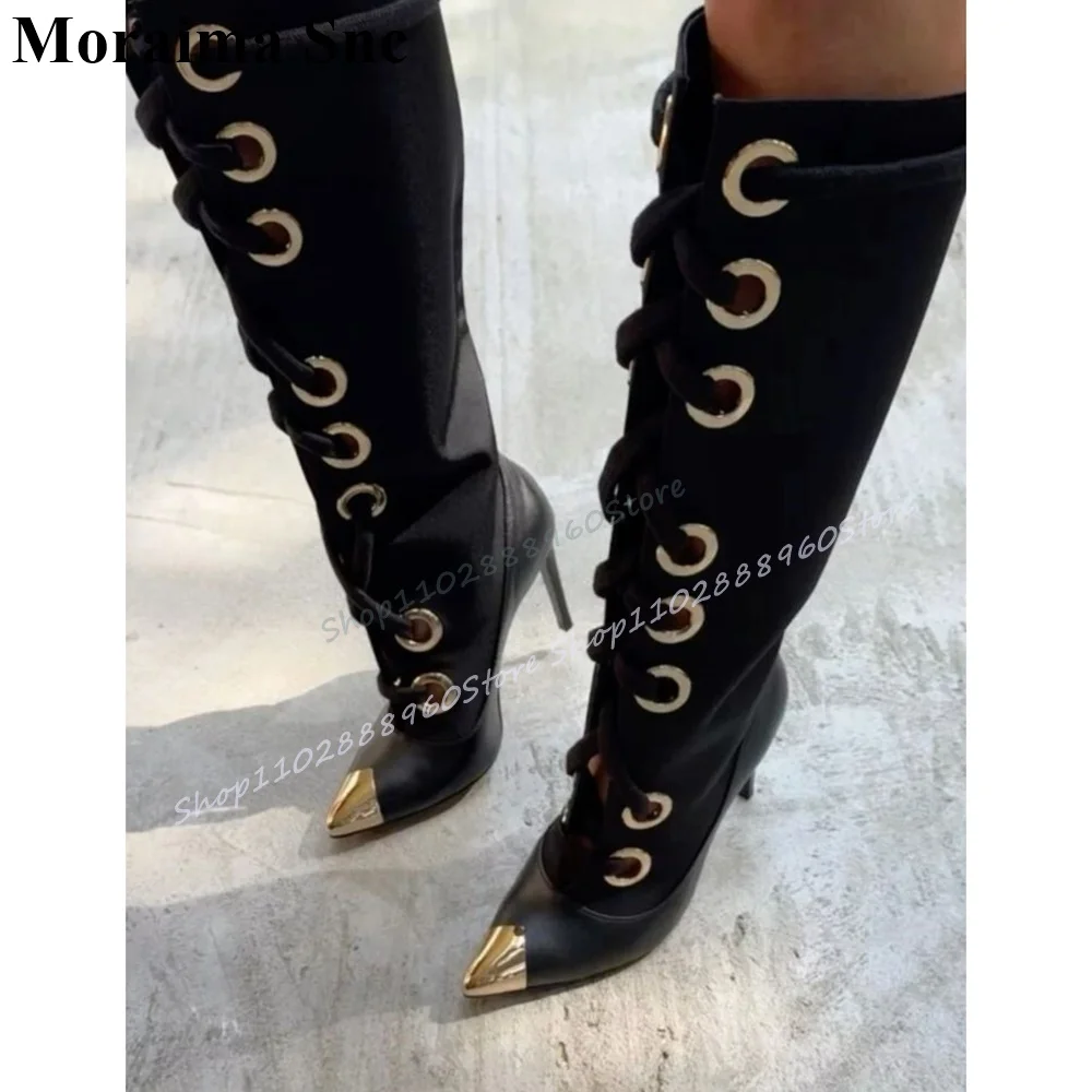 

Trendy Knee High Black Cross Tied Metallic Toe Boots Thin High Heel Shoes For Women Pointed Toe 2025 Fashion Zapatos Para Mujere