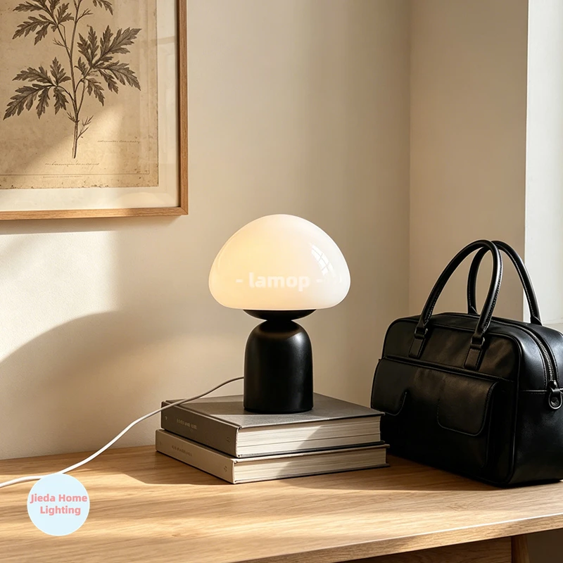 Murano Glass Dome Mushroom Table Lamp Matte Black Thick Cylinder Base 3 Tone Soft Light Minimal Living Room Side Table Decor