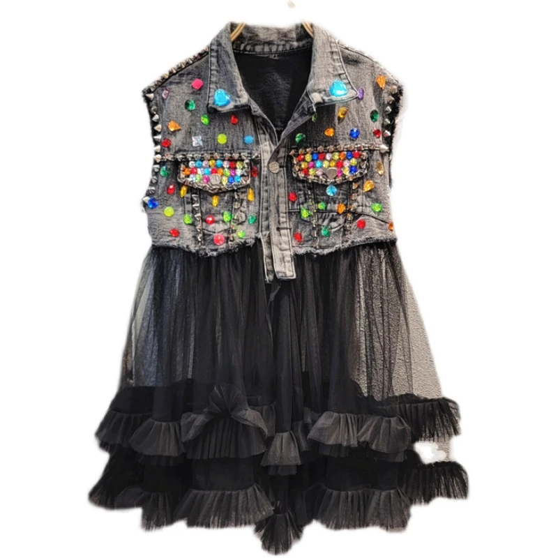 Women Rainbow Rhinestones Mesh Spliced Ruffles Denim Waistcoat Diamonds Beaded Vest Gauze Patchwork Skirt Hem Jeans Tanks Tops