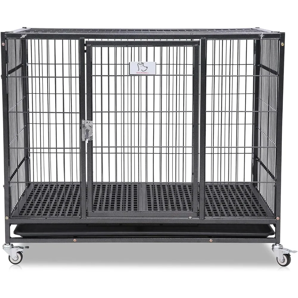 37 inch Stackable Open Top Heavy Duty Dog Crate Cage for Medium Dog with Wheels and Removable Tray