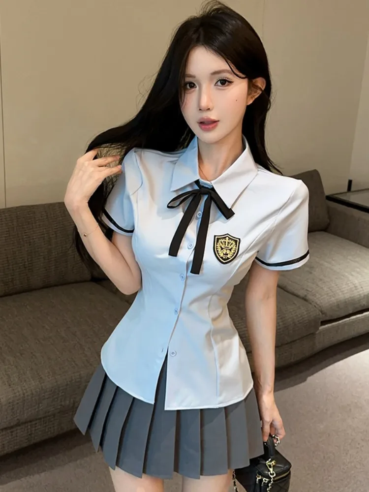 

Sweet College Style Knot Collar Short Sleeve Shirt Women's High Waist Pleated Skirt JK Uniform Two Piece Set