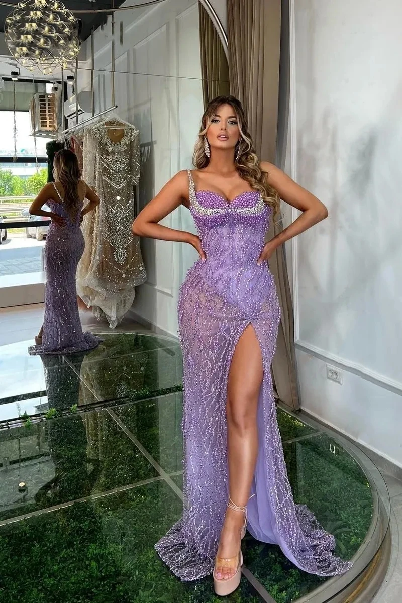 

Gorgeous Pearls Sequins Beading Prom Dresses Spaghetti Straps Side Split Mermaid Evening Gowns Custom Made Robe De Soirée