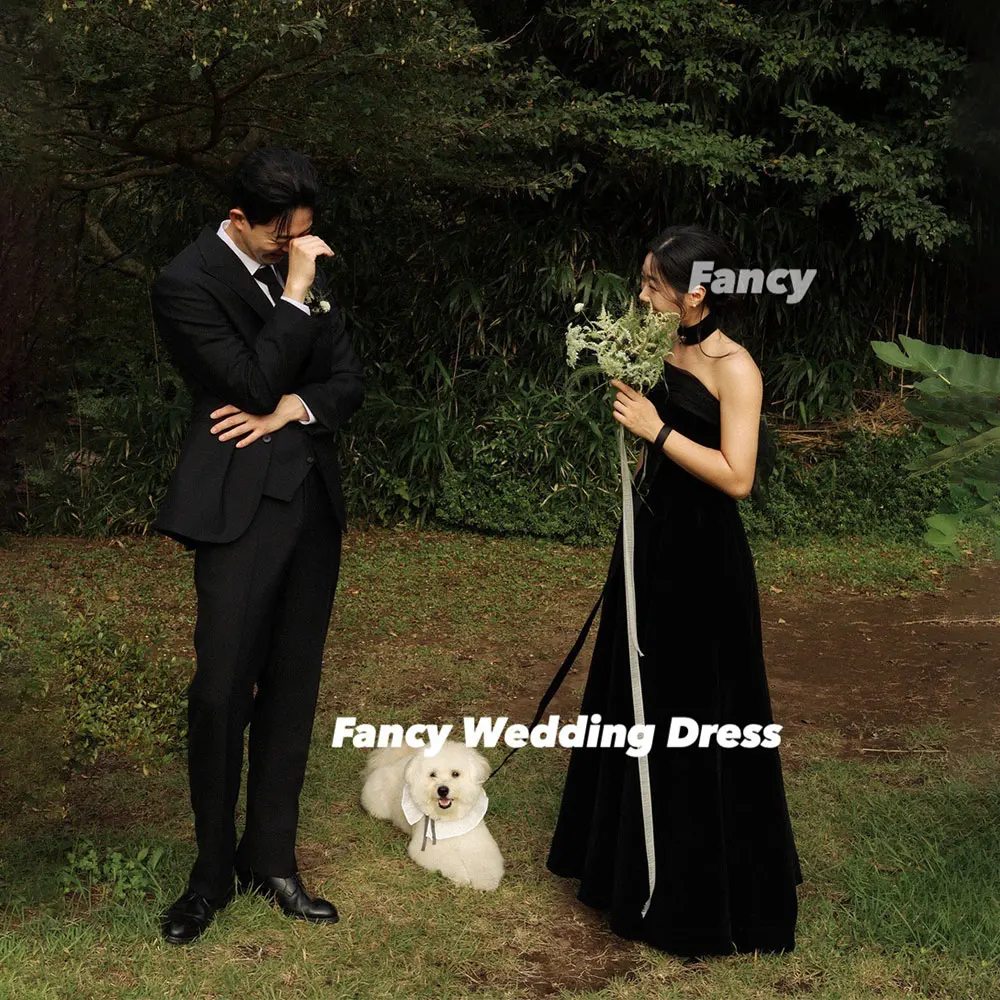 

Fancy Simple Black Korea Wedding Dress Photo Shoot A Line Elastic Satin Prom Gown Back Corset With Shawl Customized