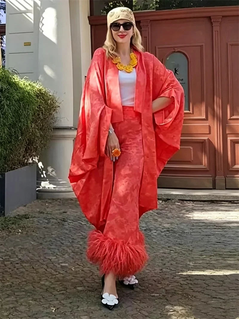 Women Red Satin Jacquard 2 Piece Outfit Draped V Neck Feather Fringe Long Sleeve Top Cropped Flare Pants Party Two Piece Set