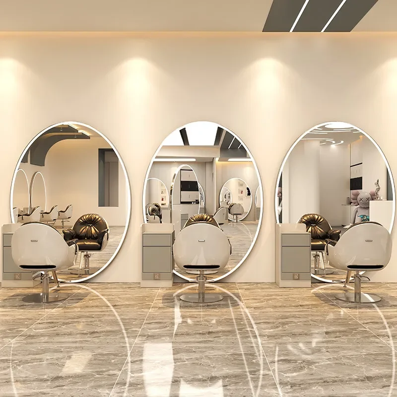 for Barber Shop Mirror Table Stainless Steel Floor Full Body Hair Salon Special Double Sided Mirror with LED Light