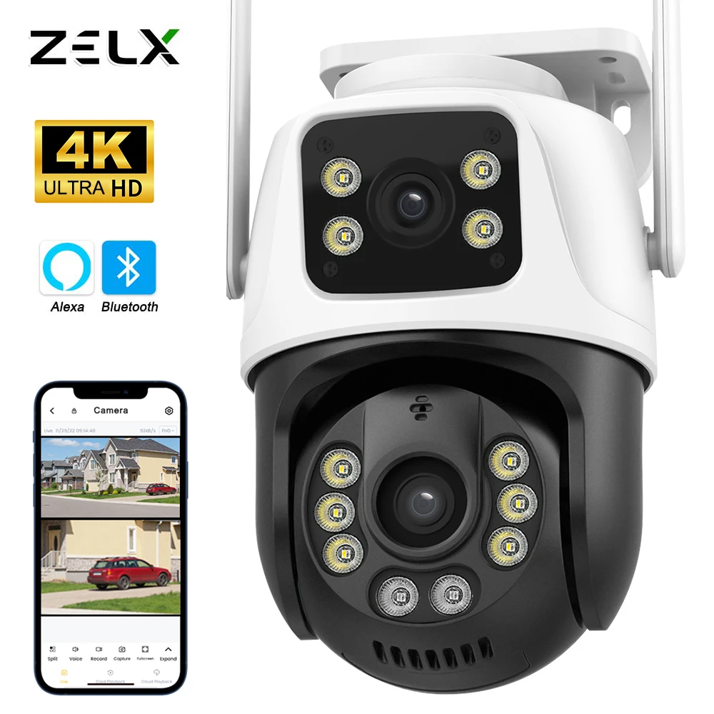 9MP 4K HD WiFi IP Camera Outdoor 8X Zoom Three Lens Dual Screen PTZ Cam Auto Tracking 8MP Security Video Surveillance CCTV Alexa