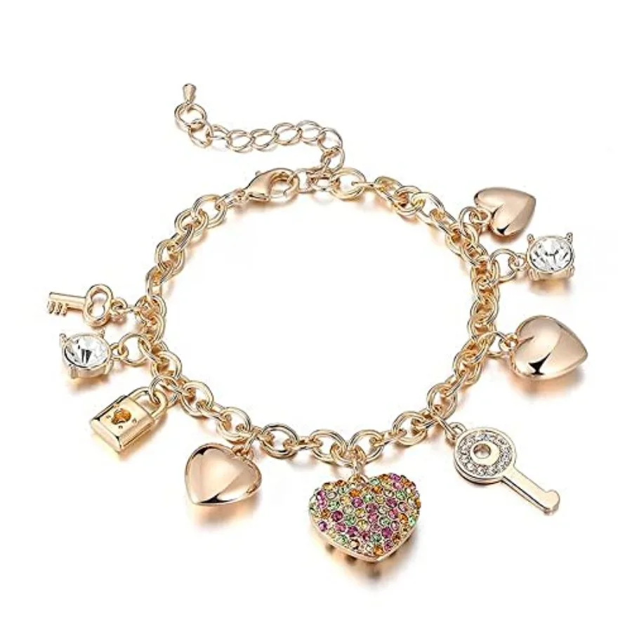 

SILANER Gold Chain Link Bracelet - 7"+ 2" Extender 14K Gold Plated Love Locked Bracelets for Women, with Crystal, Love Heart, K