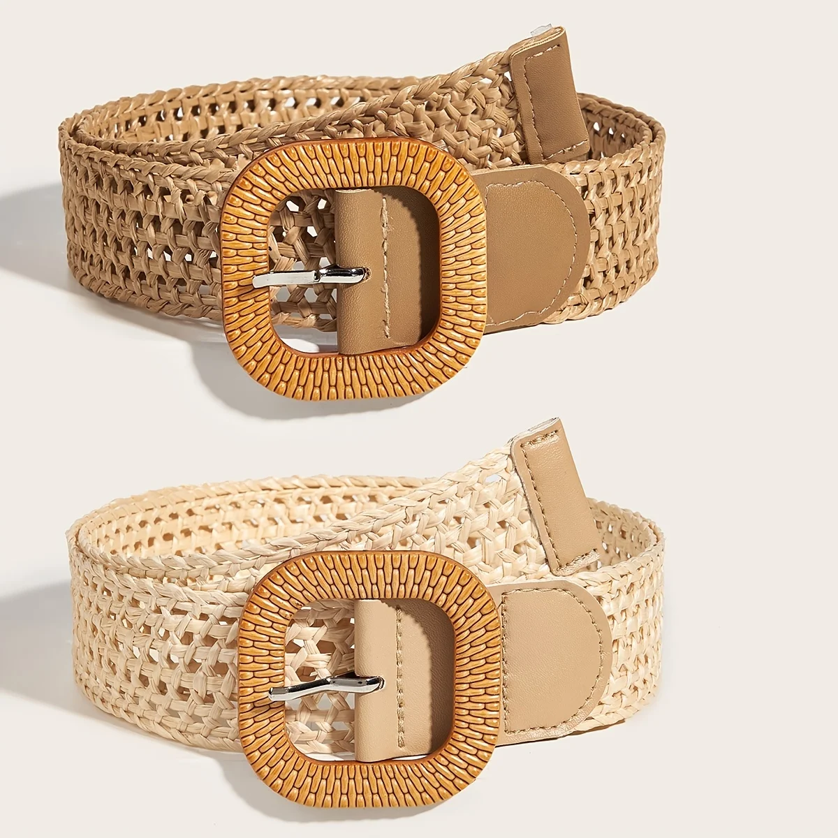 2pcs Spring/summer WOMEN'S Versatile Matching Dress Jacket with Hollowed out Grass Rope Belt Bohemian Style Retro Wooden Buckle