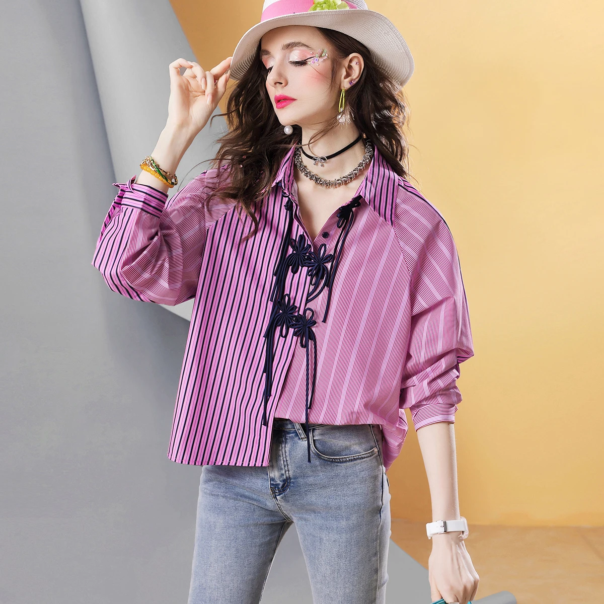 

Spring New high quality Purple Vertical Stripes Women's Shirt Loose Button Stitching Long-sleeved Casual blouse Top for women