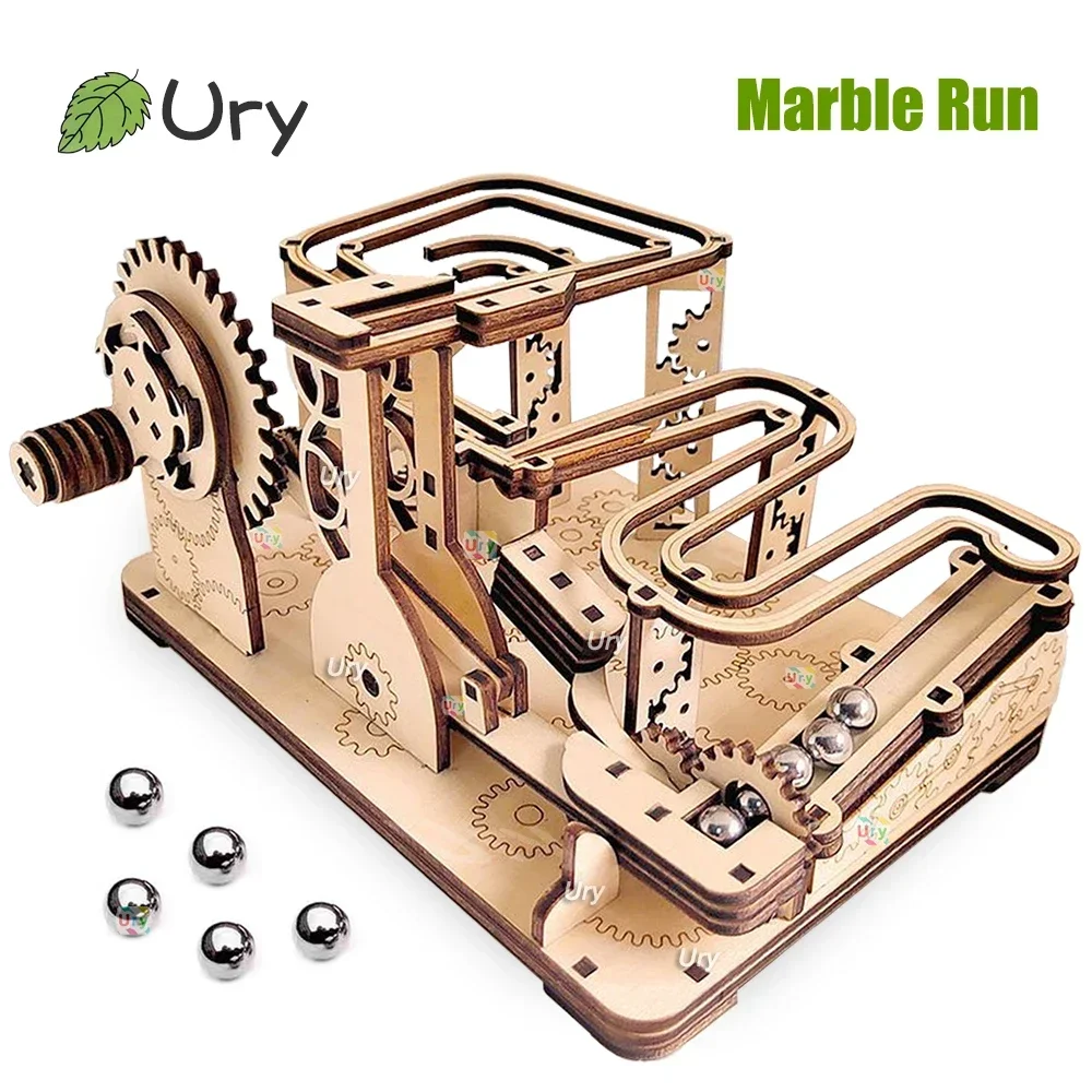 Ury 3D Wooden Puzzles Catapult Track Device Marble Run Set Mechanical Manual Model Science Maze Ball Assembly Toy Gift for Teens