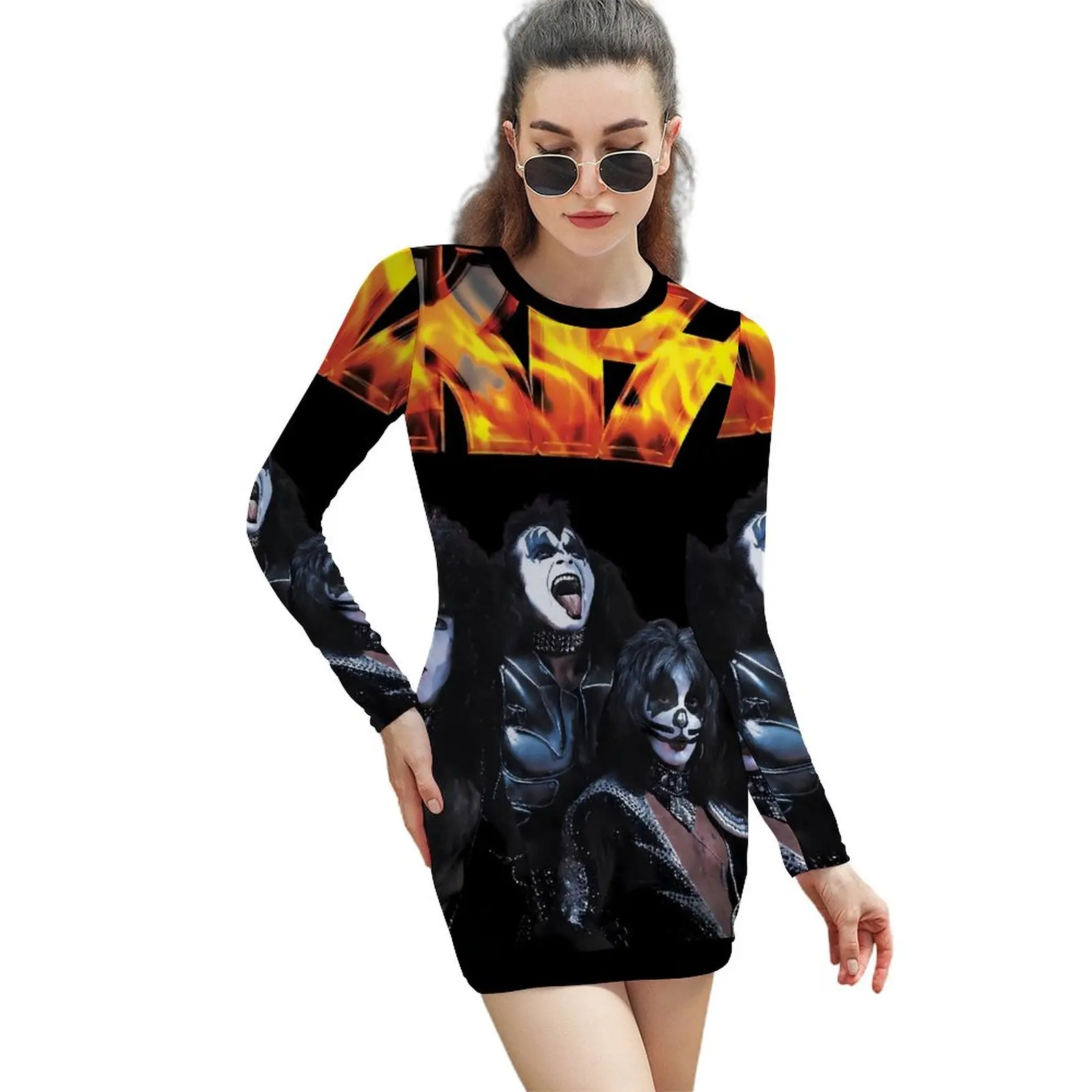 Kiss Band Dress Ladies Kiss Faces Logo Aesthetic Bodycon Dress Summer Long Sleeve Sexy Dresses Graphic Oversized Vestido