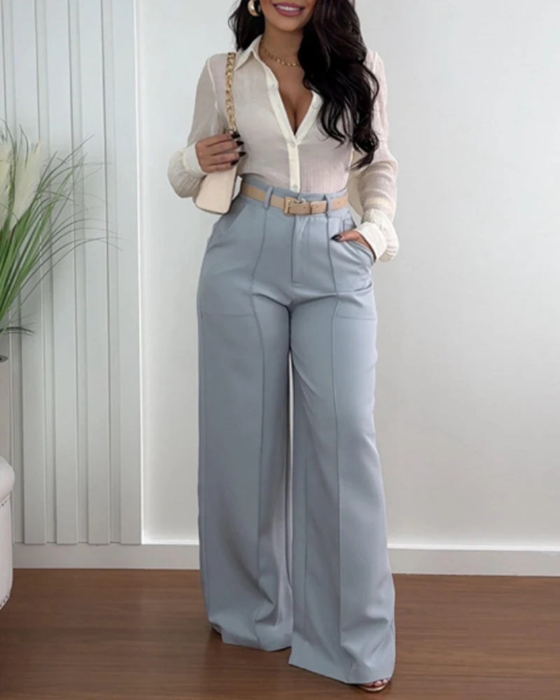 New 2025 Hot Selling Fashionable Pocket Design Monochrome High Waisted Feminine Office Wide Leg Pants