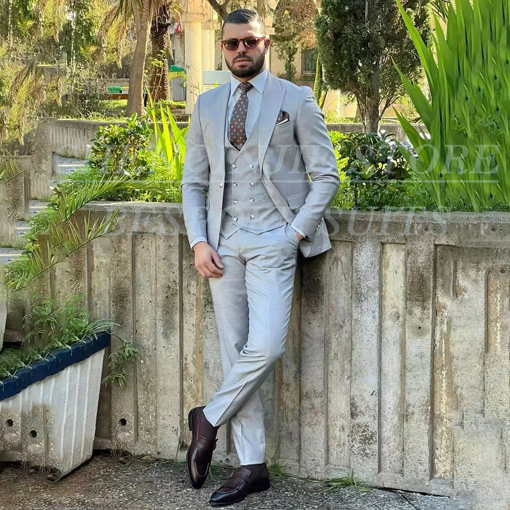 

Grey Men's Suits 3 Piece Jacket Pants Vest Full Sets High Quality One-Button Slim Fit Male Clothing Business Clothing Terno