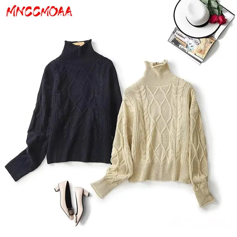 MNCCMOAA-Women's Vintage Turtleneck Knitted Sweater, Long Sleeve Top, Casual Pullovers, Monochromatic Fashion Autumn Winter 2024