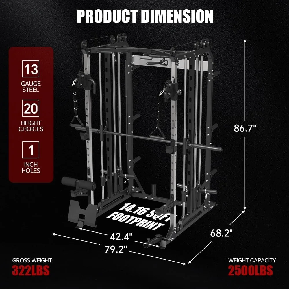 Smith-Maschine mit Langhantel, LAT-Pull-Down-Kabel-Crossover-System mit 1:1-Verhältnis, Multifunktions-Power-Rack mit Bein-Halterung