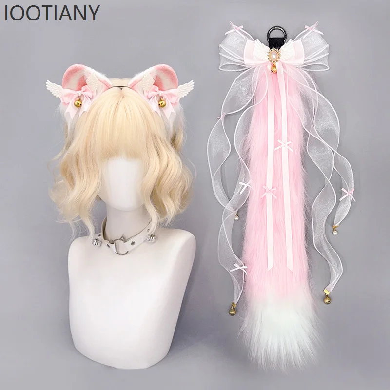 IOOTIANY Damska Urocza Opaska Lolita ze Skrzydłami, Wstążką, Kokardą, Dzwoneczkami, Uszami Misia, Pluszowym Ogonem, Futrzane Uszy Kota/Lisa, Zestaw Akcesoriów do Włosów 2025