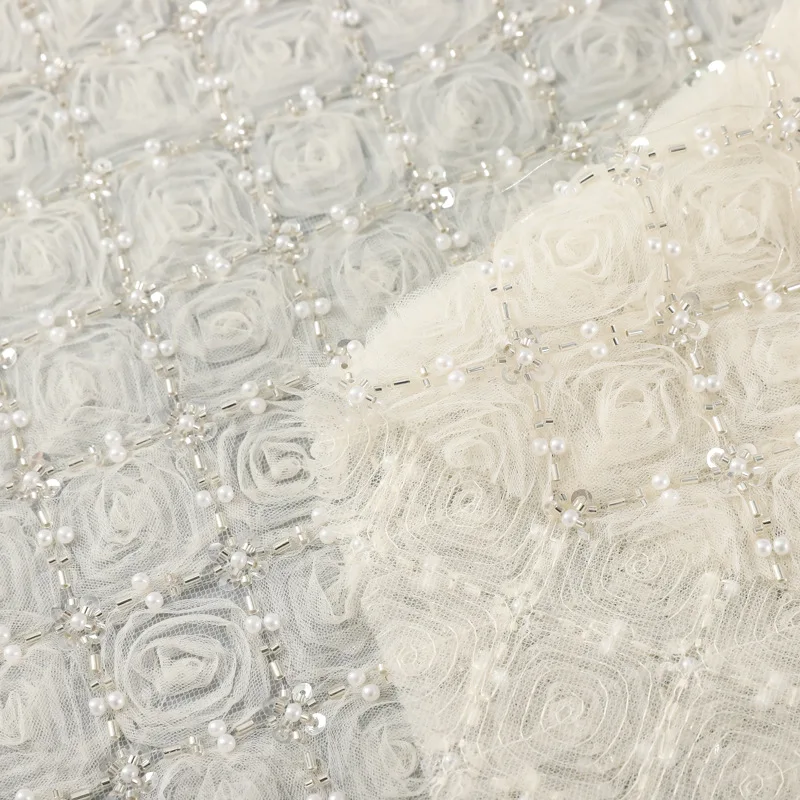 

High-end pearl tube, ribbon, plaid rose embroidered mesh lace fabric,for wedding dresses,stage costume fabrics