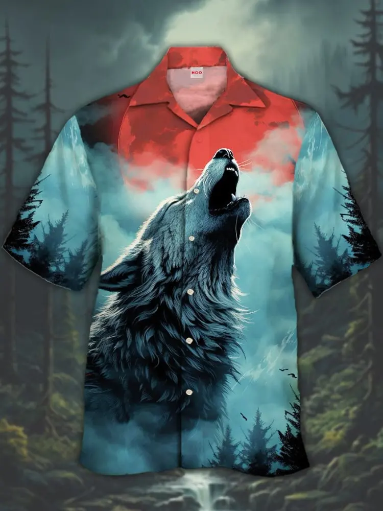 

Summer Men's Shirt Wolf Pattern Print Animal Shirts Casual Short Sleeve Streetwear Fashion Male Oversized Clothing Cardigan Tops