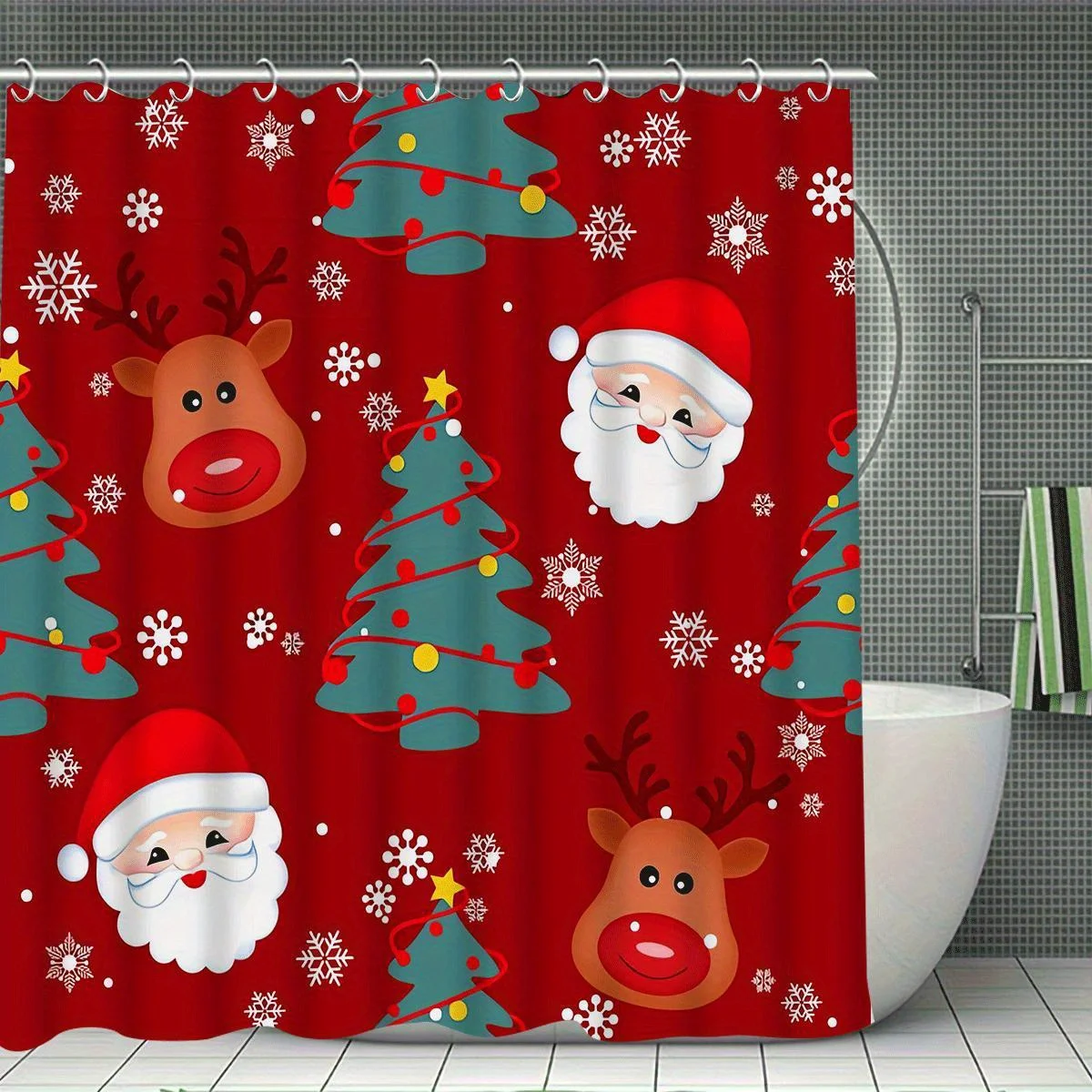 4pcs Christmas Bathroom Decor Set, Festive Santa, Reindeer, and Tree Pattern, Waterproof, with Toilet Lid Cover, U-Shaped Mat,