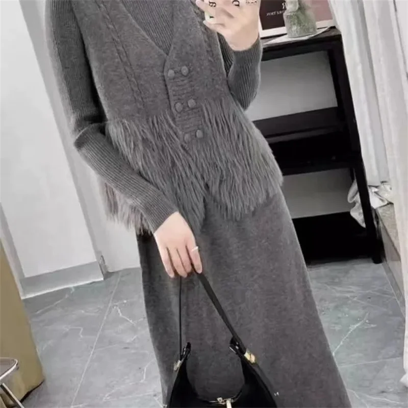 Fashion Vest Knit Dress Two-piece Women's Autumn and Winter 2025 New Temperament Slim Stomach-covering Sweater Skirt Suit