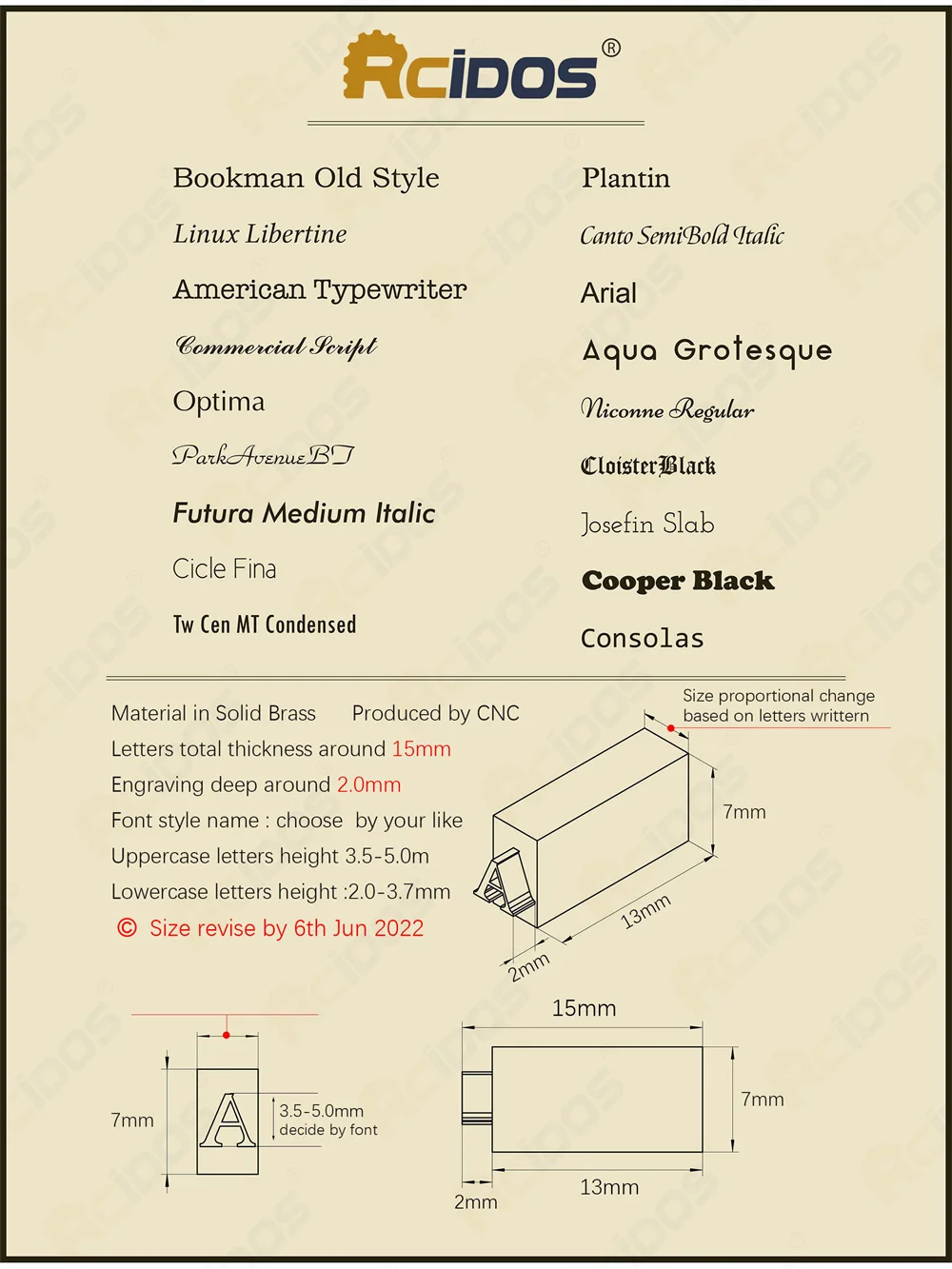 RCIDOS 15MM thickness Brass CNC engraving foil stamping letters,307pcs/set,fit to movego stamp machine, with box