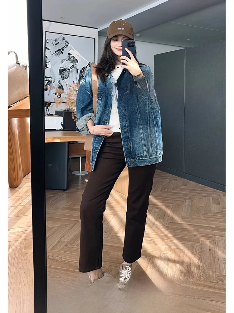 

Meiyang утягивающие прямые джинсы на подкладке с высокой талией и застежкой-молнией, хлопковые эластичные джинсовые зимние женские джинсы глубокого цвета