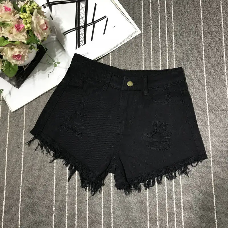 

Denim shorts with fringe, double-hole high-waisted denim shorts, S-6XL plus size, Z401, 2024