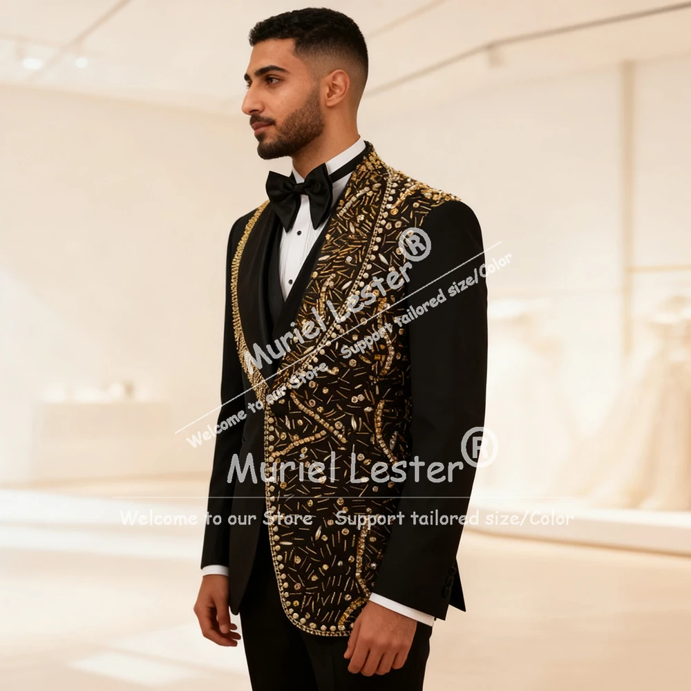 

Exquisite Suit Men Beaded Stones Jacket Vest Pants 3 Pieces Sets Groom Wedding Tuxedos Customized Man Business Party Outfits
